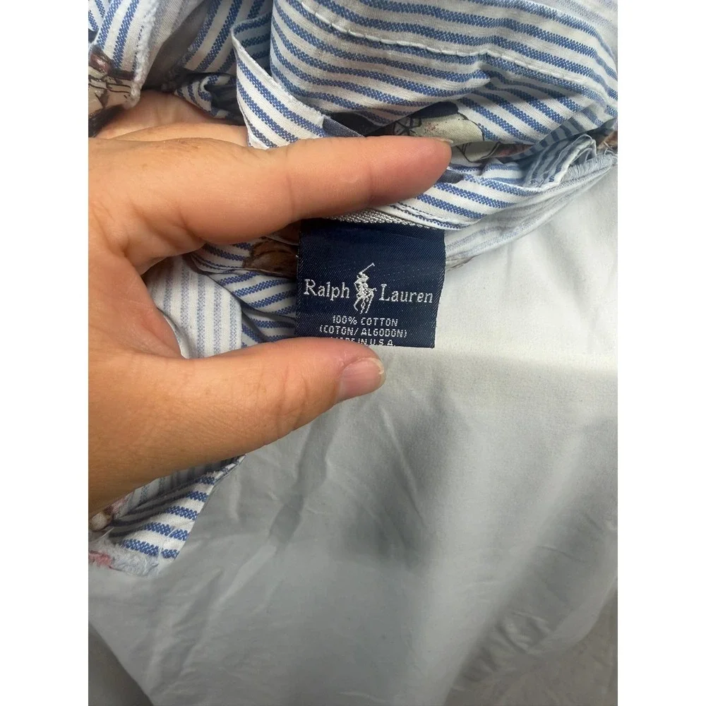 Vintage 90s Ralph Lauren Polo Bear Blue Stripe Cotton Fabric Twin Sheet USA Made